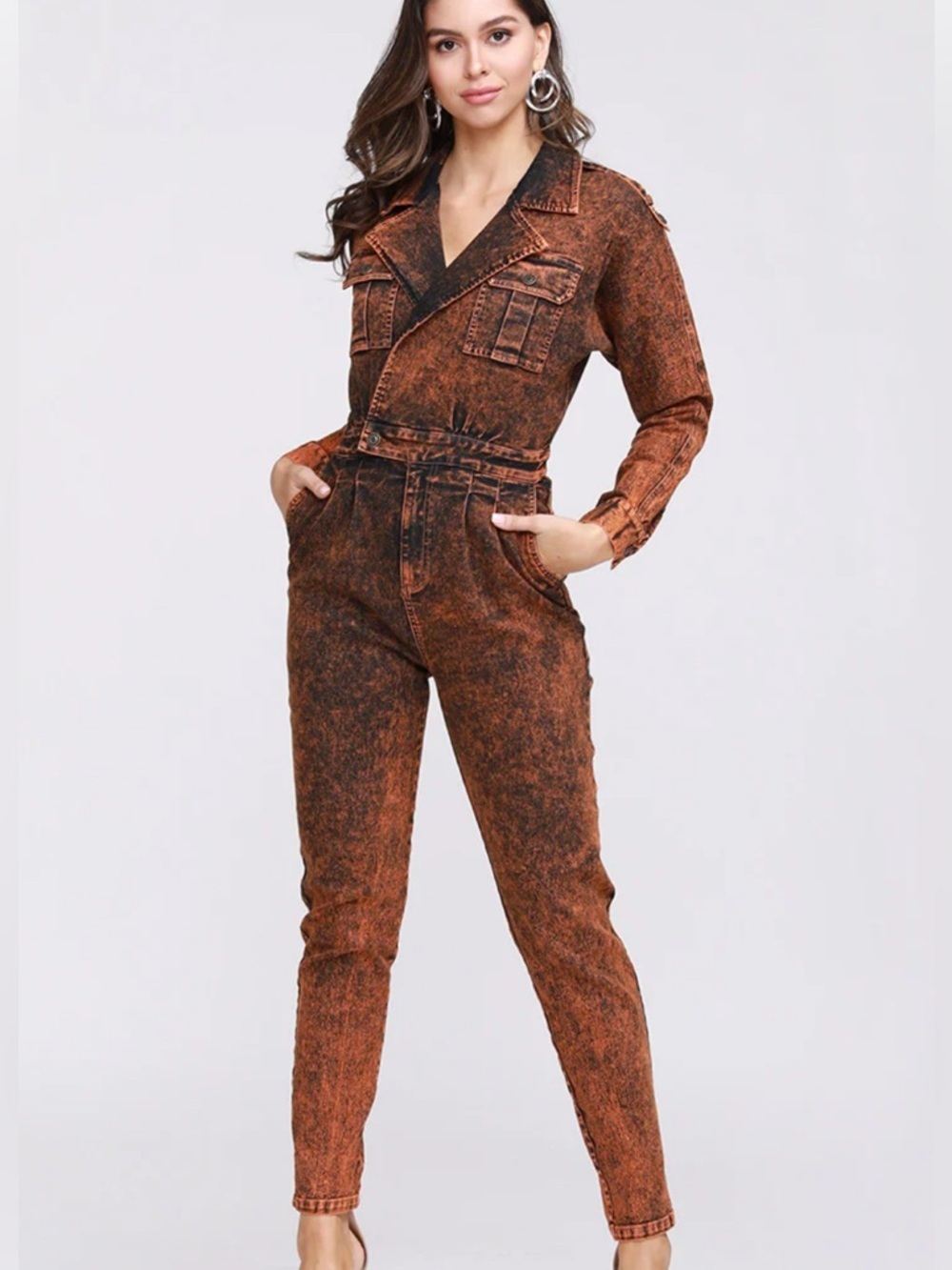 MEBON Black Orange Acid Wash Denim Jumpsuit Large